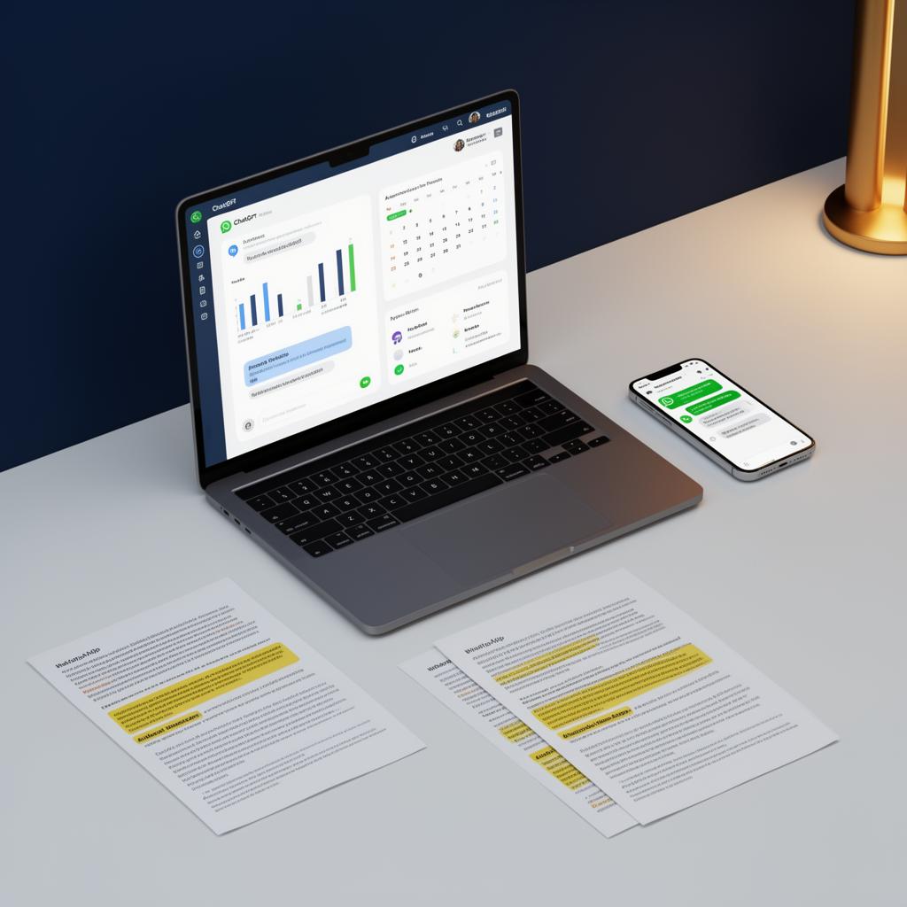 Mockup del Proyecto Integrador LexIA: dashboard de IA con ChatGPT, calendario, CRM y WhatsApp automatizado